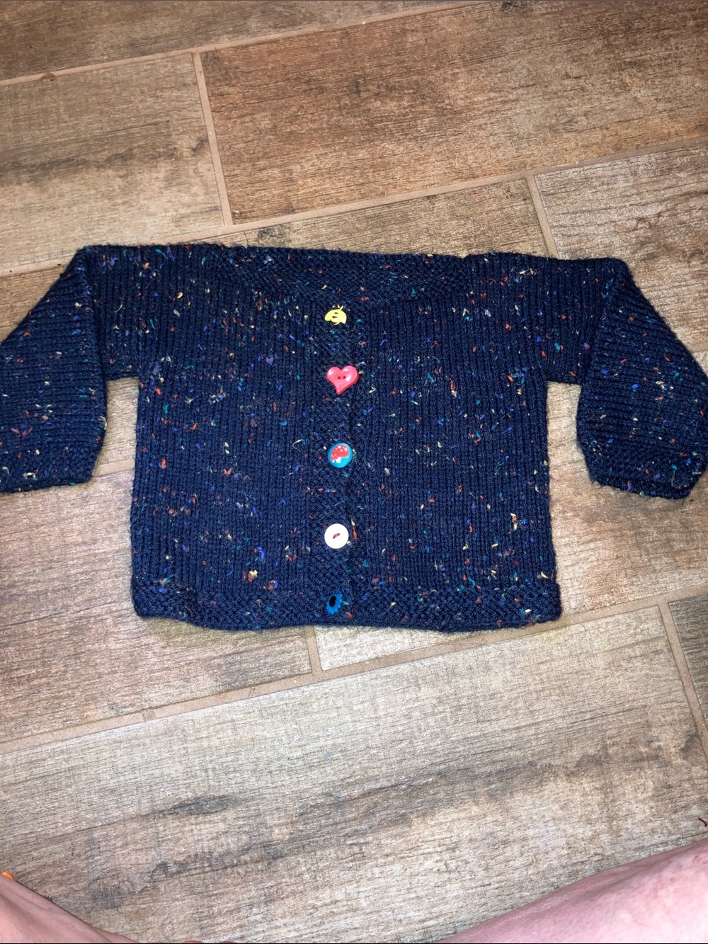 Hand knit Kids Navy Speckled Knit Cardigan with Colorful Buttons